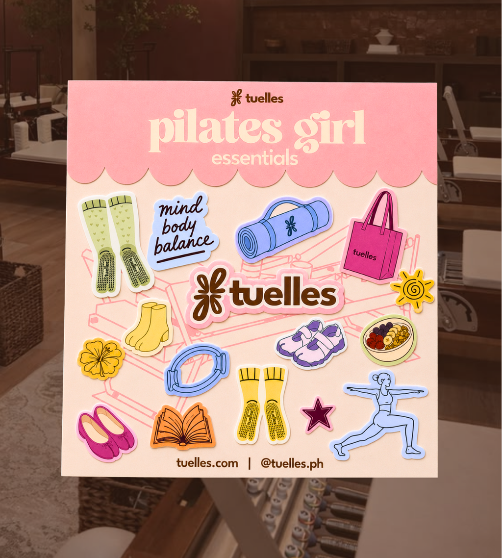 Mood Grippers Pack, colorful Pilates sticker sheet on a wooden surface by Tuelles