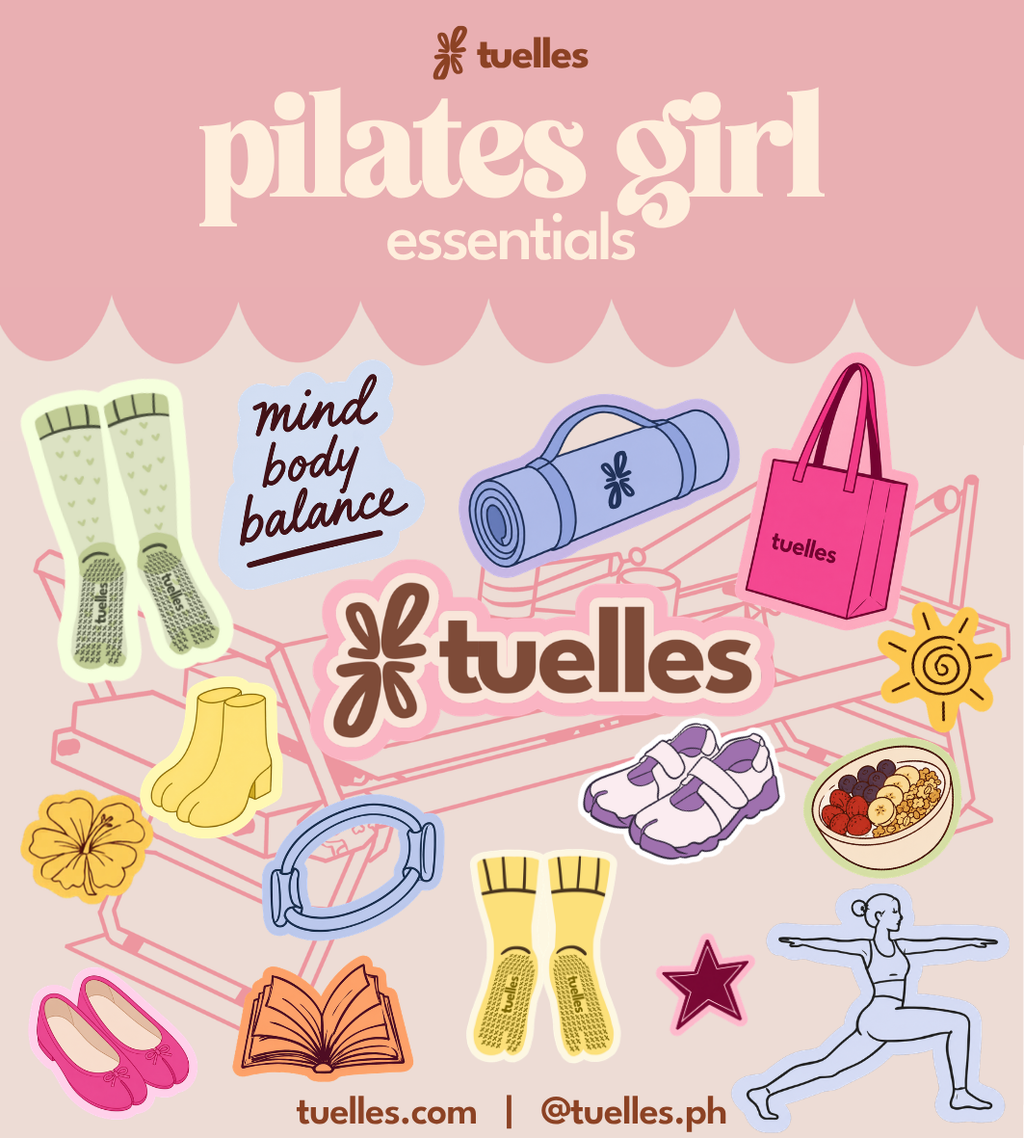 Mood Grippers Pack, illustrated collage of socks and a rolled mat by Tuelles