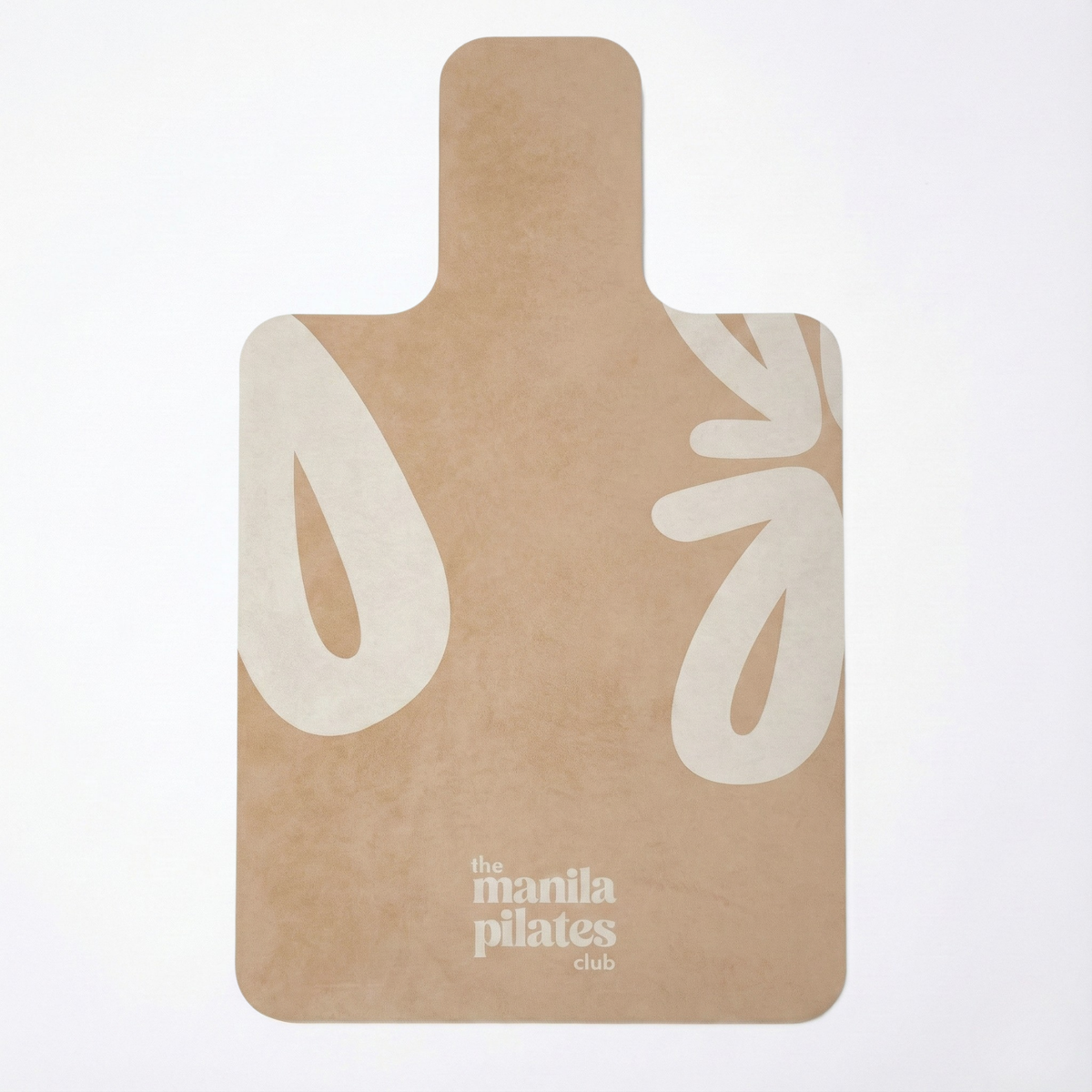 The Classic Reformer Mat in tan with off-white shapes, suede Pilates mat by Tuelles