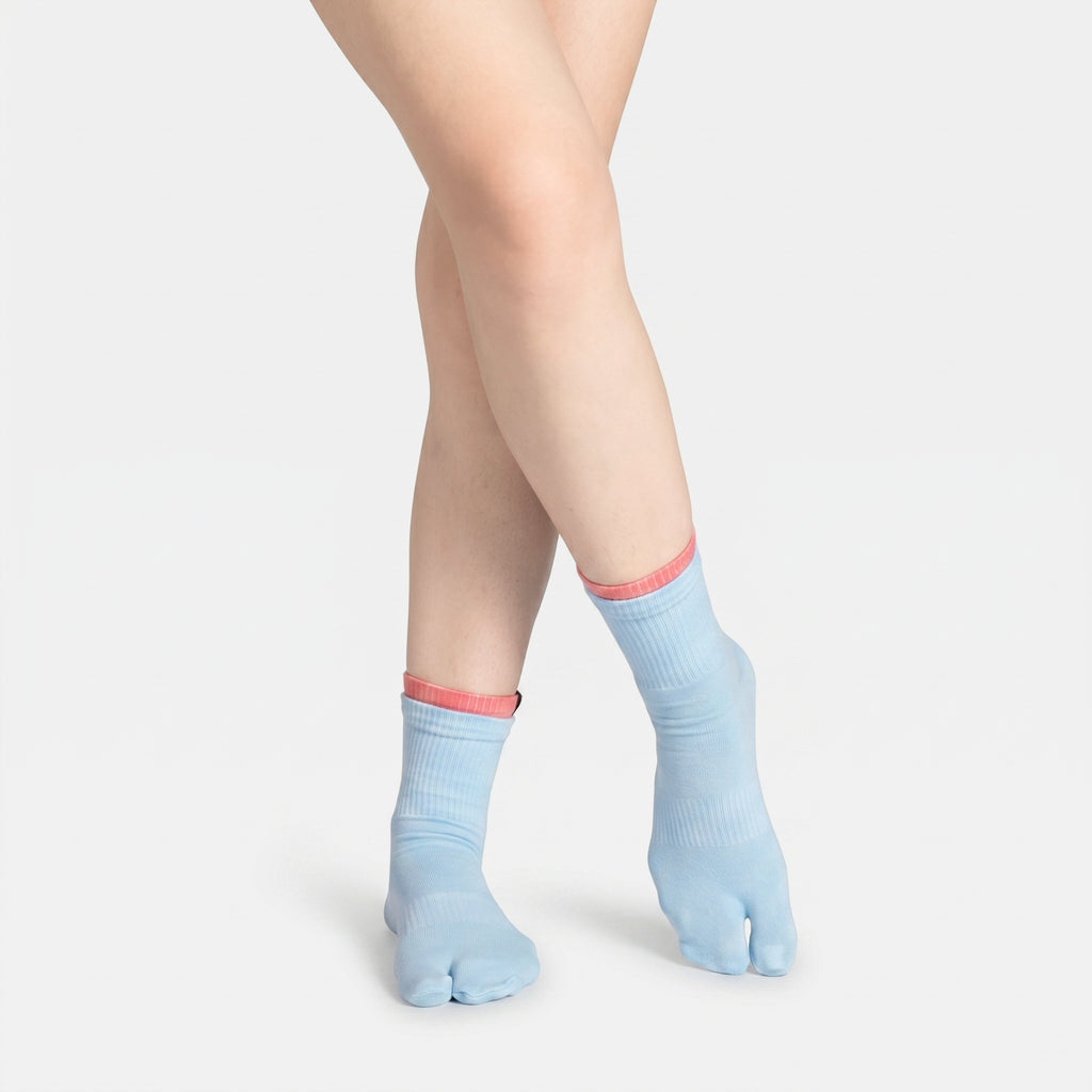 2-toned Tabi Grip Socks in light blue with coral pink cuffs, tabi grip socks by Tuelles