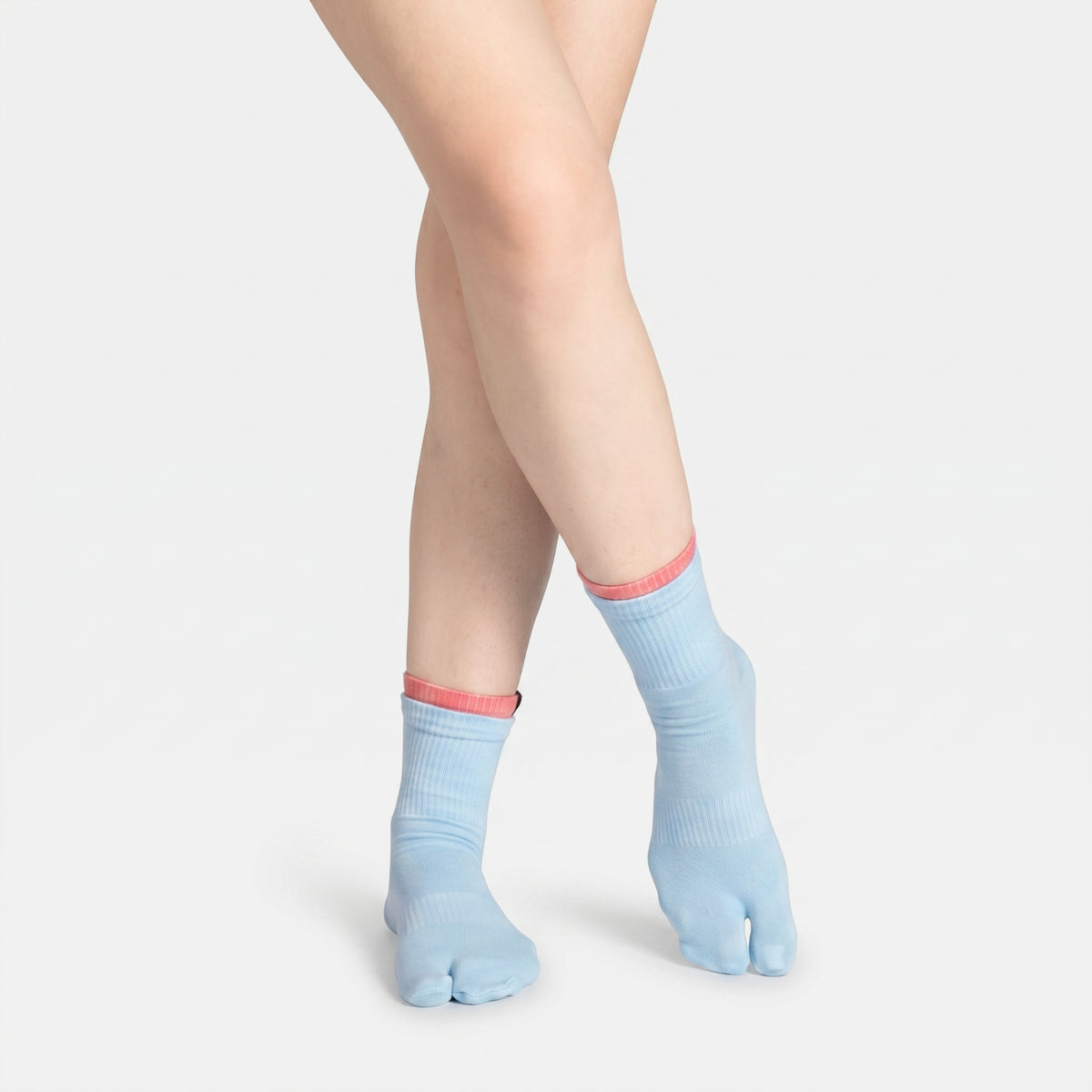 2-toned Tabi Grip Socks in light blue with coral pink cuffs, tabi grip socks by Tuelles