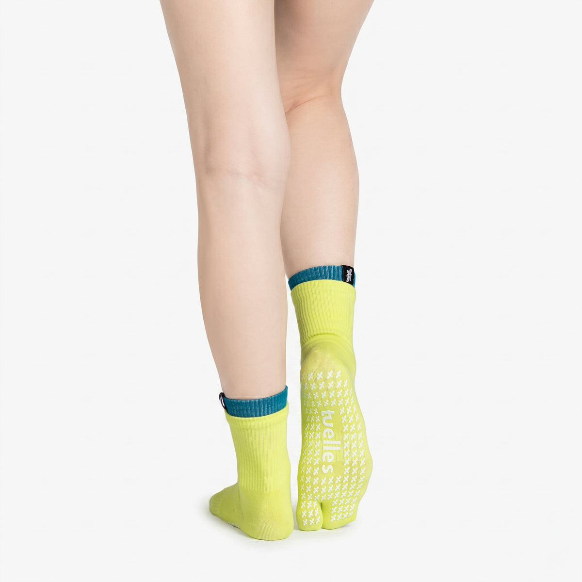 2-toned Tabi Grip Socks in bright yellow with teal cuffs, tabi grip socks by Tuelles