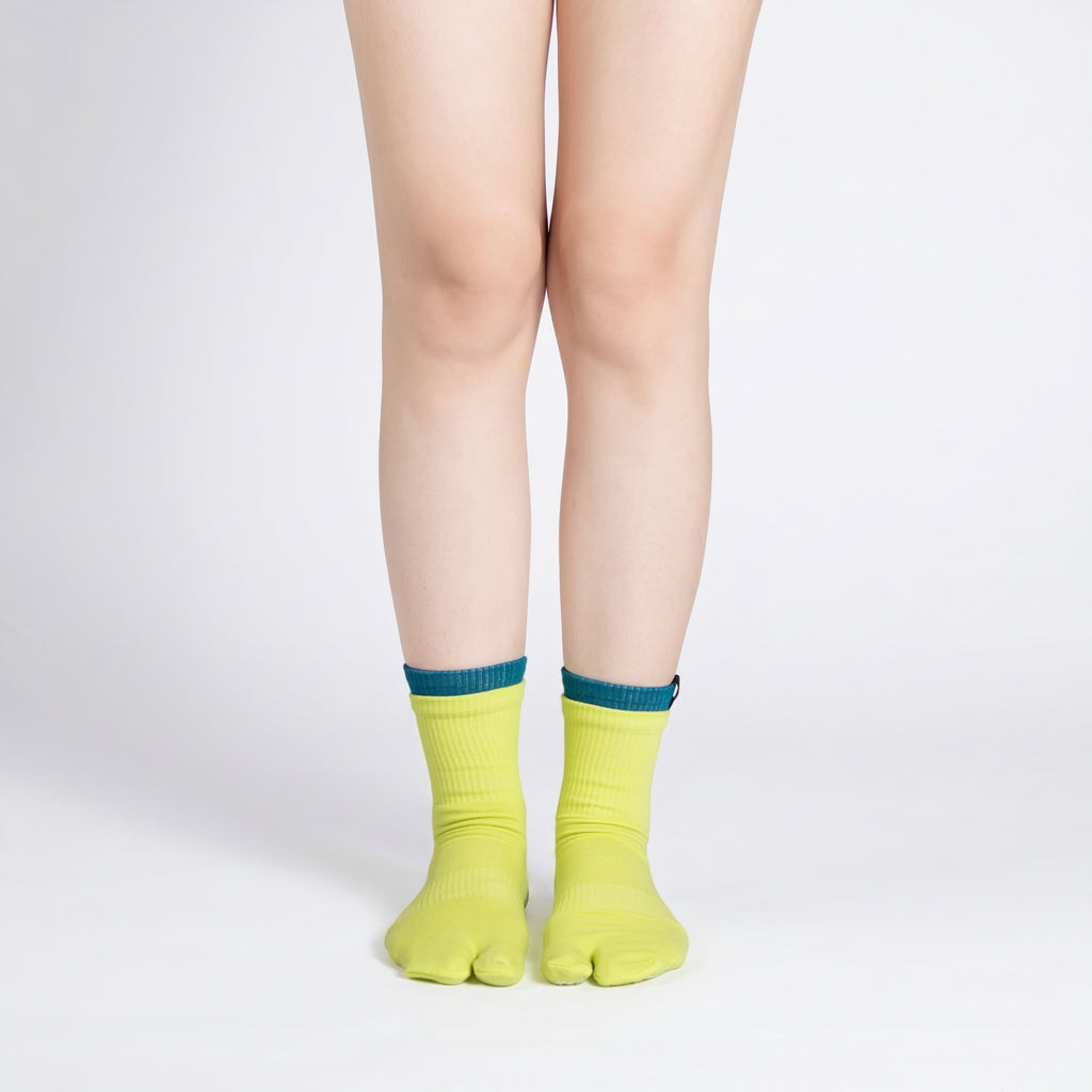 2-toned Tabi Grip Socks in lime green with dark teal cuffs, tabi grip socks by Tuelles