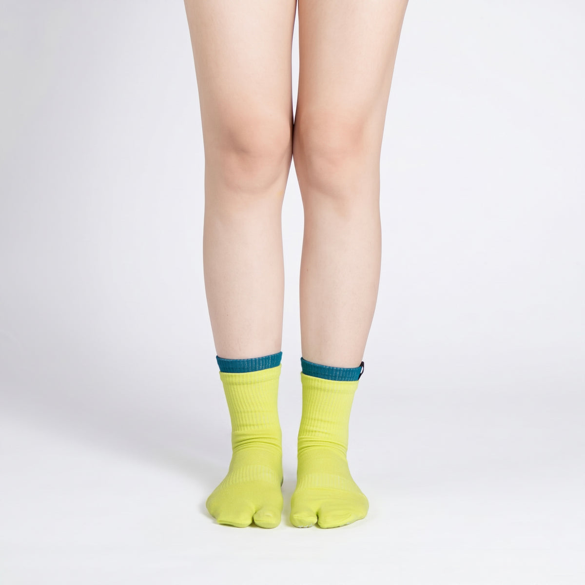 2-toned Tabi Grip Socks in lime green with dark teal cuffs, tabi grip socks by Tuelles