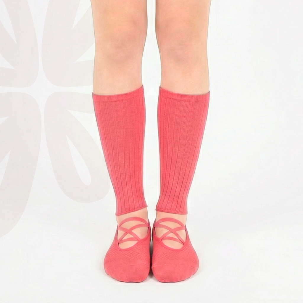 Barre Life Socks in coral pink, ribbed calf socks with ballet slippers by Tuelles
