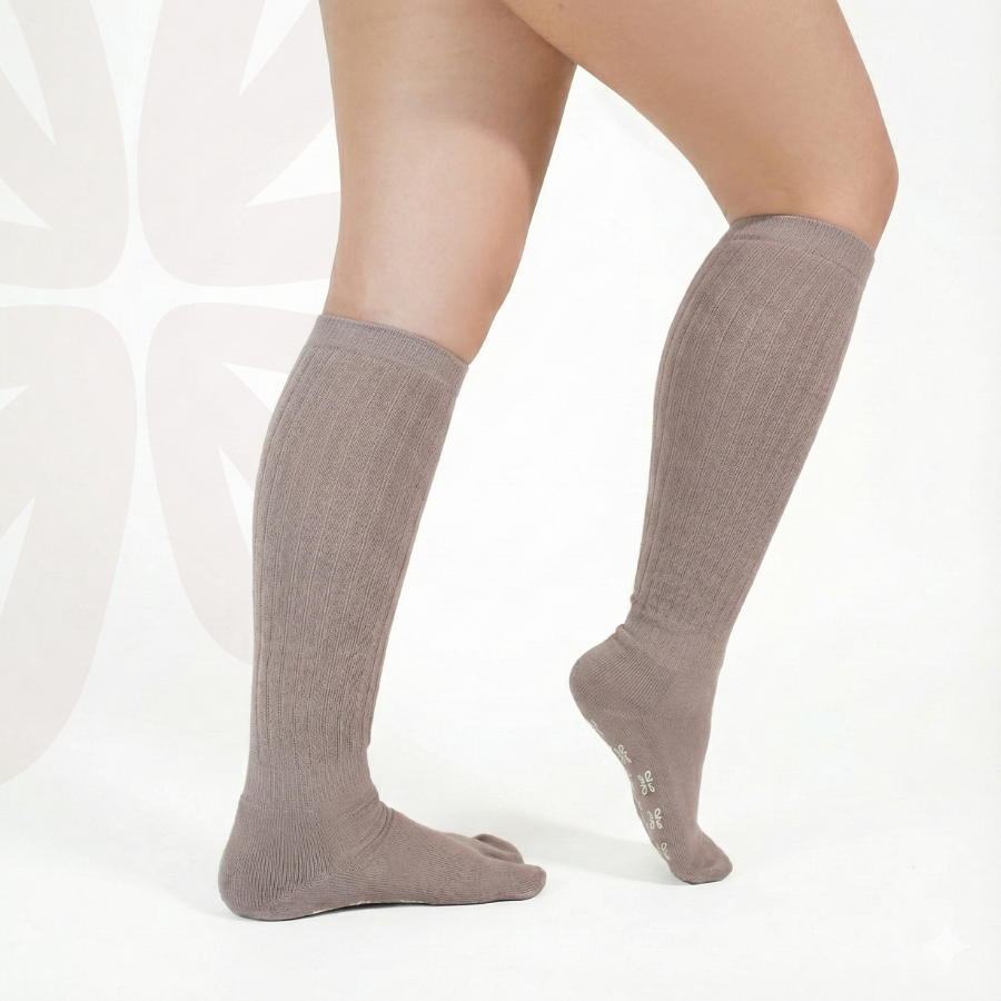The Classic Tabi Socks in Taupe, knee-high tabi grip socks by Tuelles