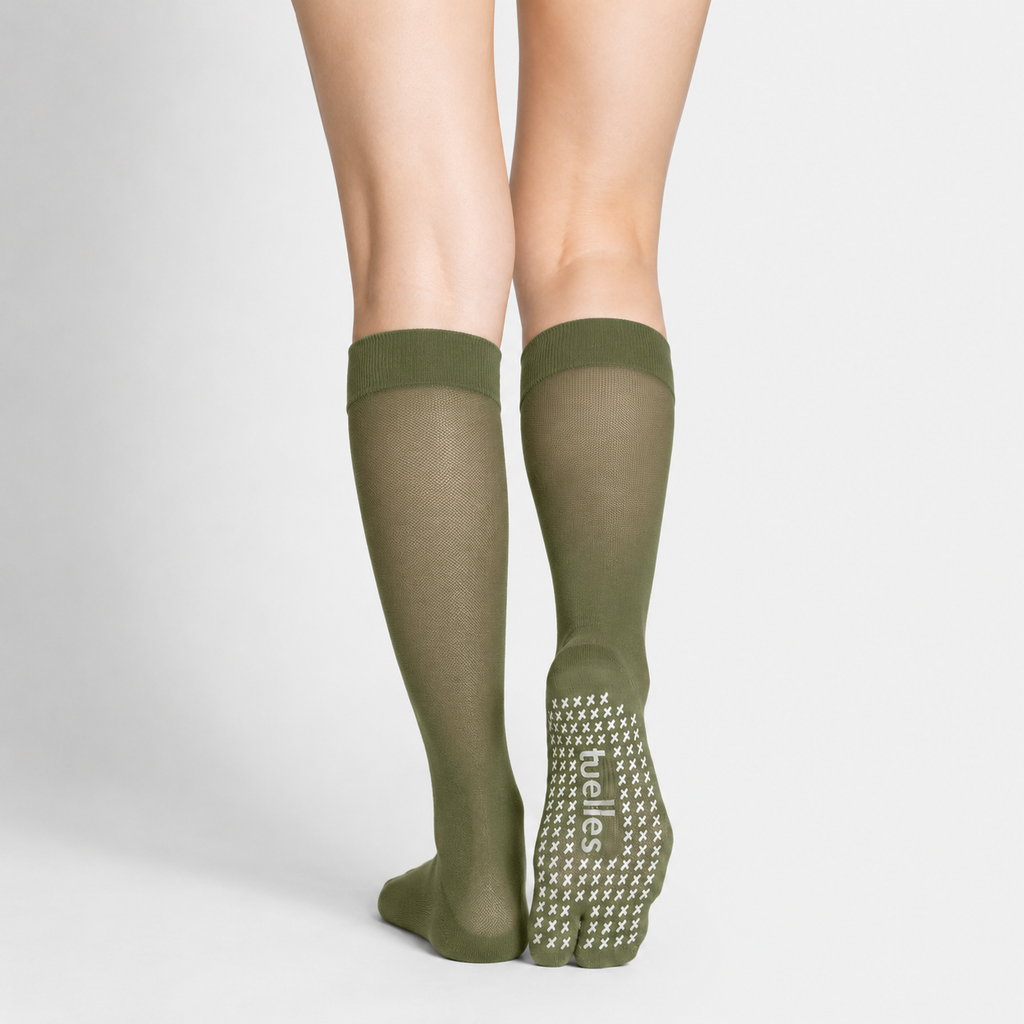 Silhouette Tabi Grip Stockings in olive green knee-high stockings, tabi grip stockings by Tuelles