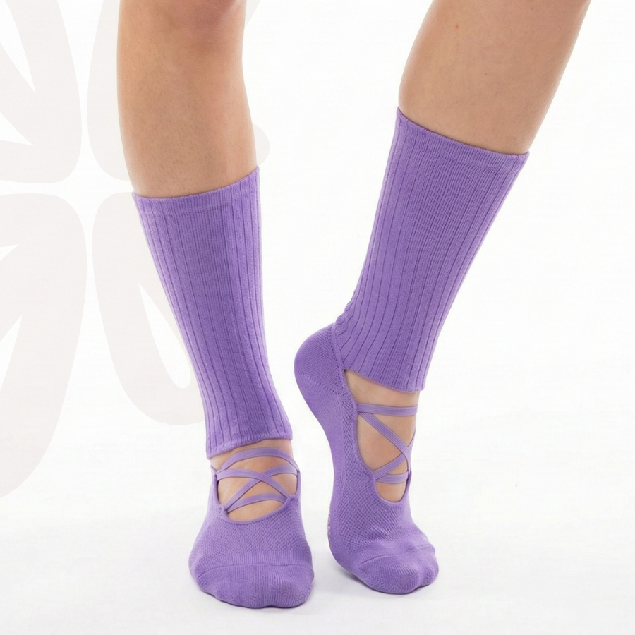 Barre Life Socks in purple, ribbed crew socks with criss-cross ankle straps by Tuelles