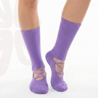 Barre Life Socks in purple, ribbed crew socks with criss-cross ankle straps by Tuelles